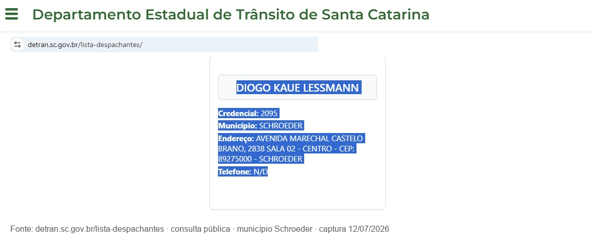 Registro público do DETRAN/SC: Diogo Kauê Lessmann, credencial 2095, município Schroeder
