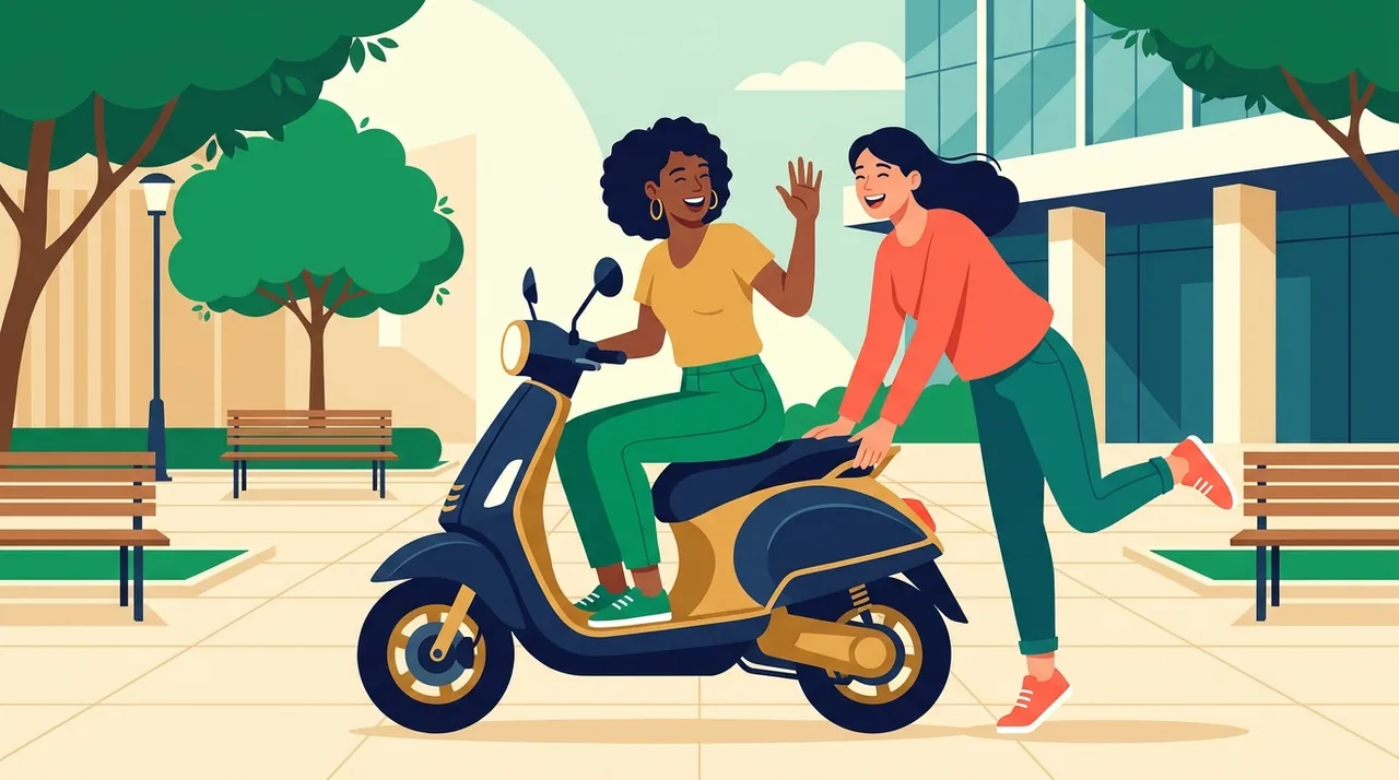 Ilustração: uma pessoa sentada na scooter e outra se preparando para subir na garupa